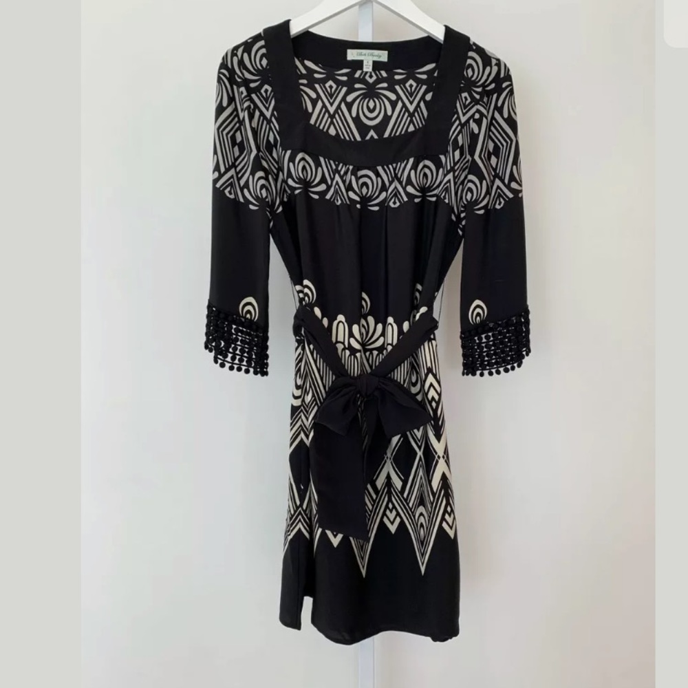 BETH BOWLEY BLACK SILK MULTI PRINT BELTED DRESS 6